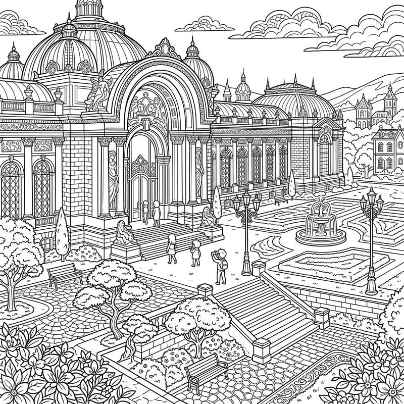 Step into a world of artistic grandeur with this stunning full scene coloring page featuring a magnificent art museum and its beautifully manicured gardens. Capture the elegance of classical architecture and lush landscapes as you bring this detailed masterpiece to life with your favorite colors.