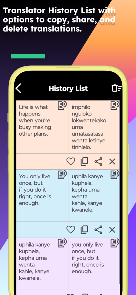 English Swati Translator - Translation history list in the English Swati Translator mobile application showing phrases translated between English and Swati with copy and share options