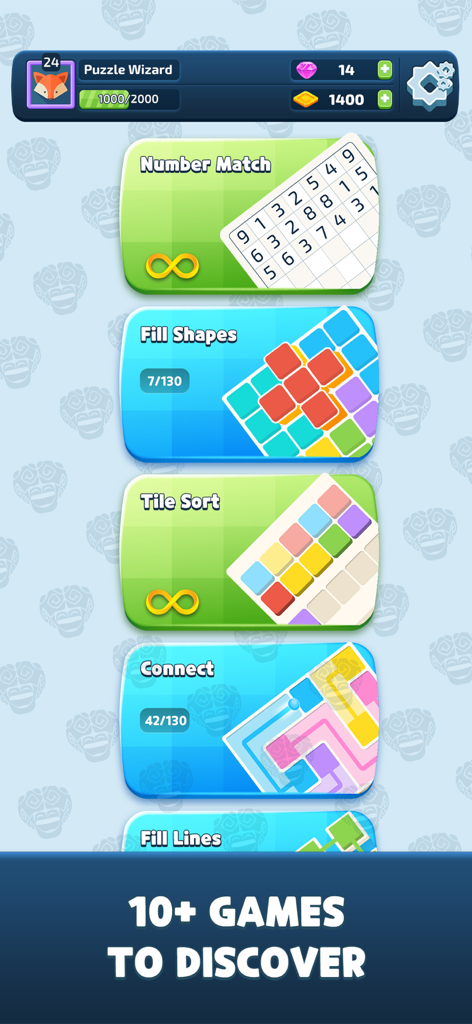 1001 Brain Zen Puzzles - A menu screen of the 1001 Brain Zen Puzzles app showing various games like Number Match and Fill Shapes.