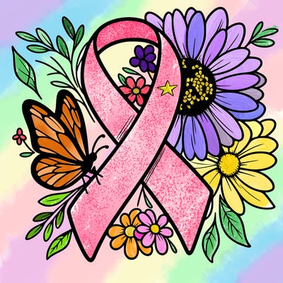cancer awareness symbol with flowers and butterflies