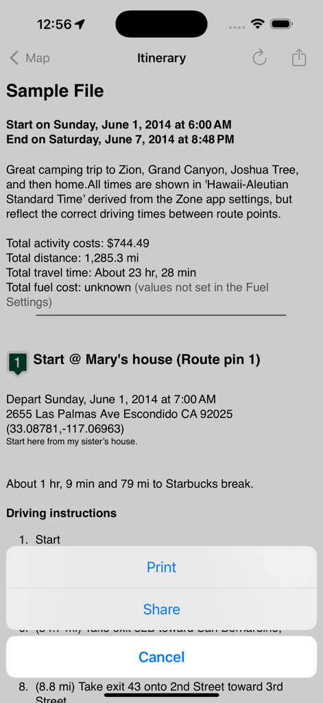 Road Trip Planner™ - Road Trip Planner app interface displaying a detailed travel itinerary with costs and driving directions