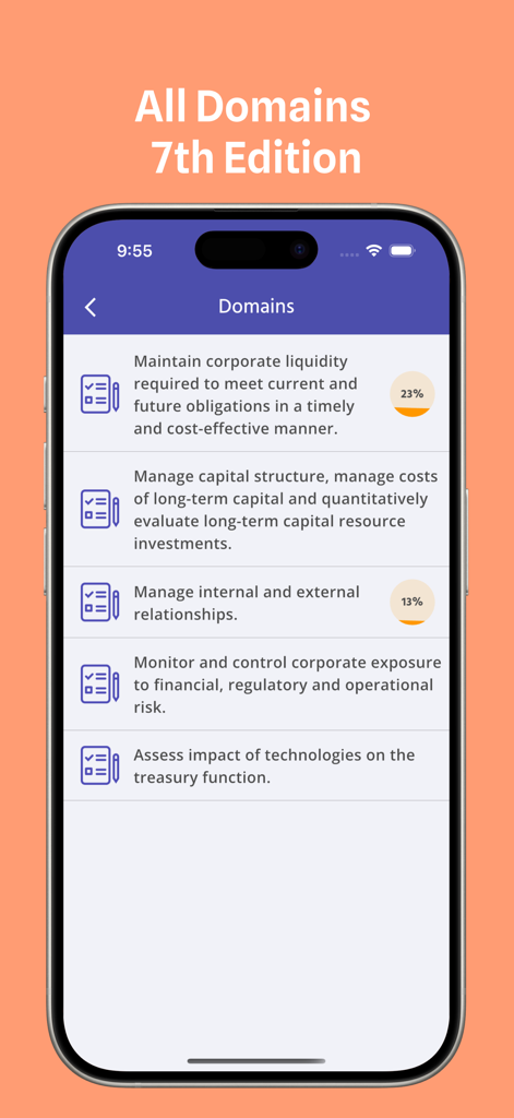 CTP exam study domains and progress tracking screen for the 7th edition treasury certification