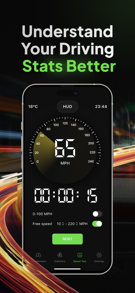 Speedometer app showing 65 MPH with driving statistics and speed test features