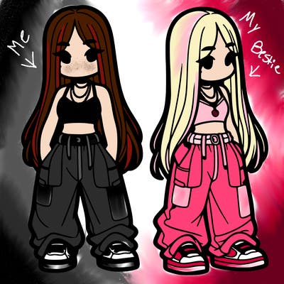 girl in baggy pants crop top and long hair