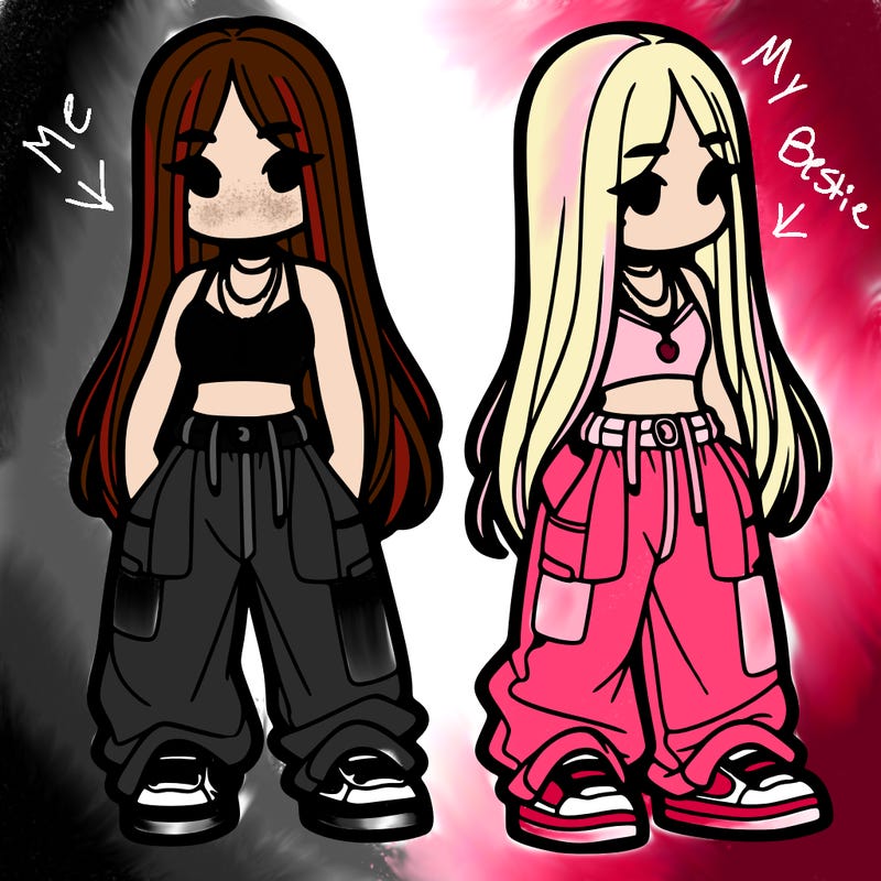 girl in baggy pants crop top and long hair