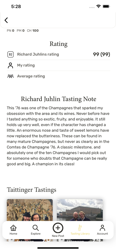 Interfaz de la aplicación Champagne Club que muestra notas de cata de Richard Juhlin y calificaciones profesionales de vinos