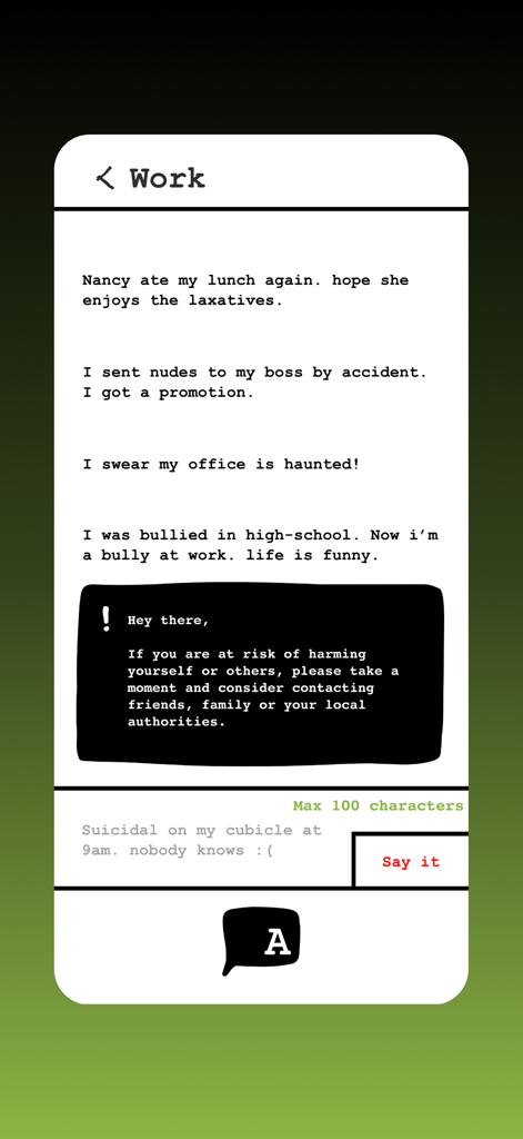 Air Out! - Interface da categoria Trabalho no aplicativo Air Out mostrando mensagens anônimas de desabafo e um aviso de segurança.