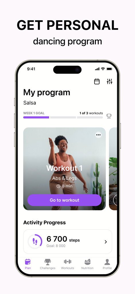 Organic Dance app interface showing a personalized salsa dancing program and activity tracker for weight loss