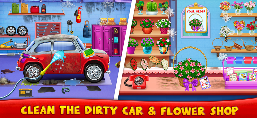 Messy House Cleaning Games - Gameplay em tela dividida mostrando um nível de lava-rápido e uma tarefa de limpeza em uma floricultura bagunçada.