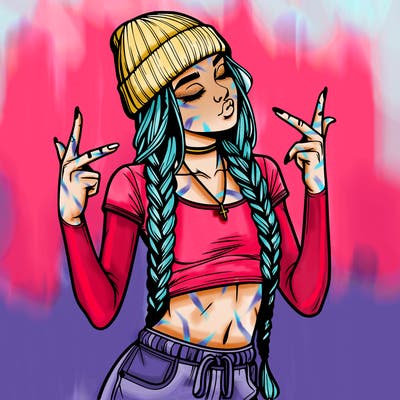 realistic teenage girl with braids and a beanie and crop top doing 🫶🏼