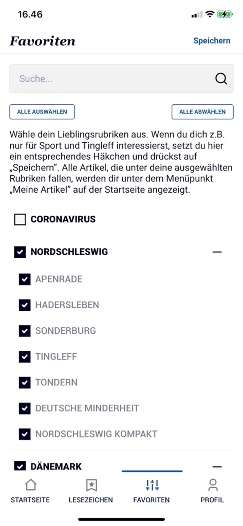 Pantalla de personalización de la aplicación de noticias Der Nordschleswiger mostrando categorías de noticias favoritas para Nordschleswig y Dinamarca.