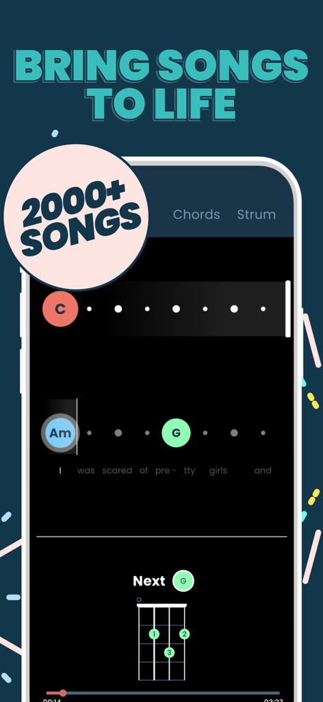 Ukulele play along screen with color coded chords and lyrics for beginners