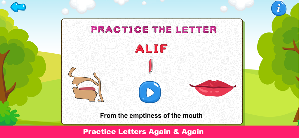 Learn Arabic Alphabet: Games - Practice screen for the Arabic letter Alif showing mouth pronunciation guide and anatomical diagrams