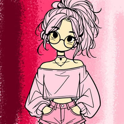 girl with a messy ponytail glasses a baggy crop top and jean shorts