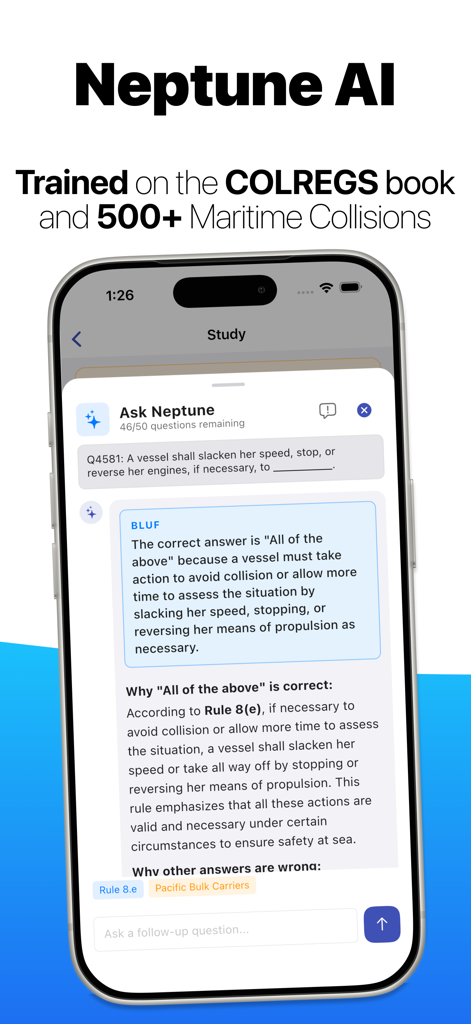 Neptune: Navigation Rules - Neptune Navigation Rules app showing the Neptune AI feature providing a detailed explanation of a maritime collision rule