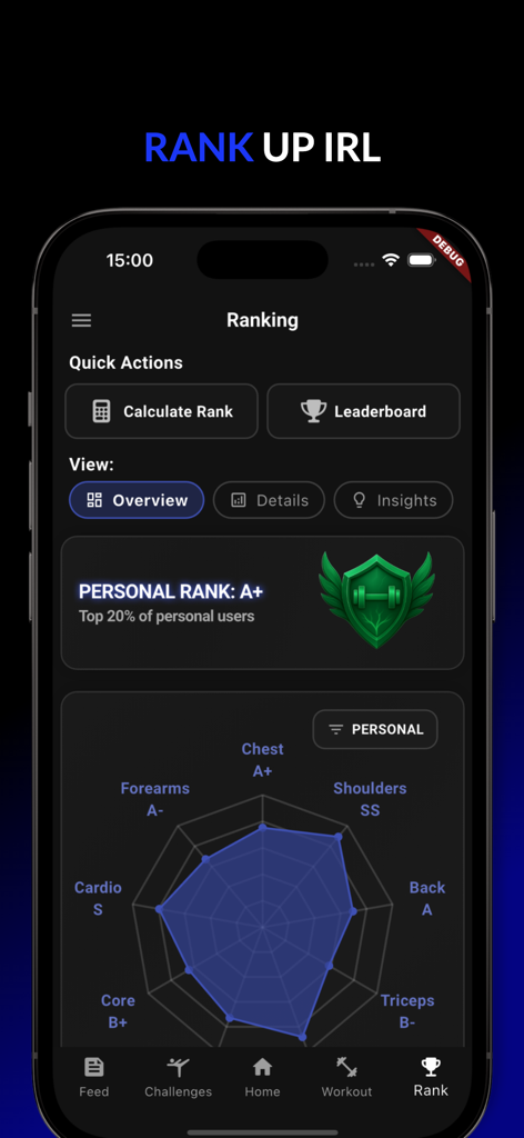 Interfaz de la aplicación Gym Rank que muestra una clasificación de fuerza personal de A plus y un gráfico de radar detallado del rendimiento de los grupos musculares.