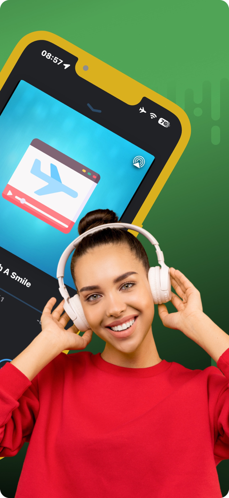 Premium Music Offline Player - A young woman wearing white headphones smiling in front of a phone screen showing an airplane mode music player icon
