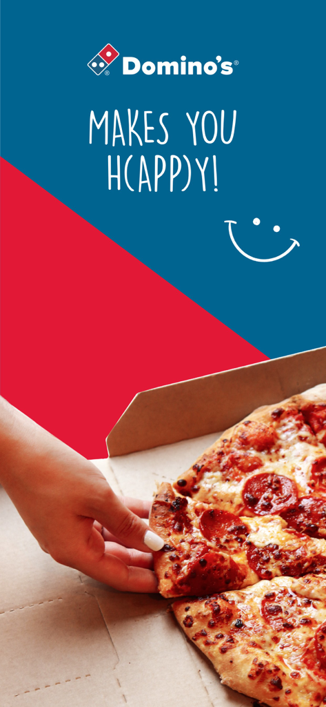 A hand picking up a pepperoni pizza slice from a box with the Dominos logo and promotional text