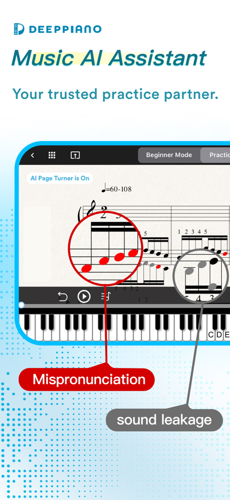 DeepPiano - Sheet Music & AI - DeepPianoアプリのインターフェース。リアルタイムのAIフィードバックとデジタル楽譜のノート検出を表示。