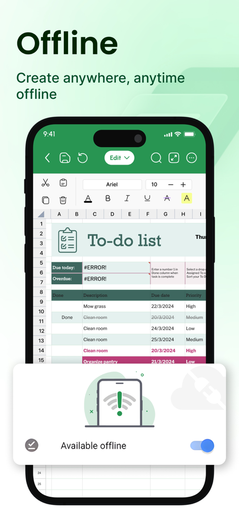 XLSX Sheets mobile app interface showing a to do list with the offline editing mode enabled
