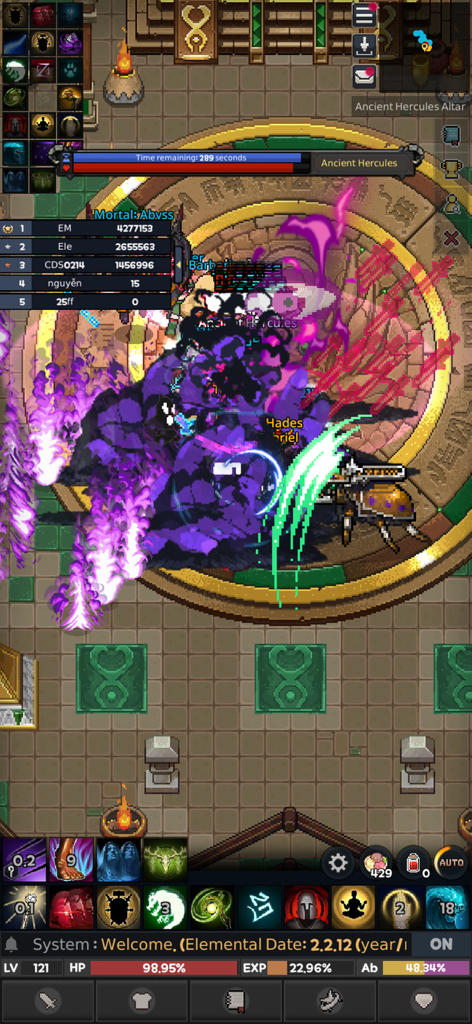 Players engaging in a real-time co-op boss battle against Ancient Hercules in the pixel art game Elemental.