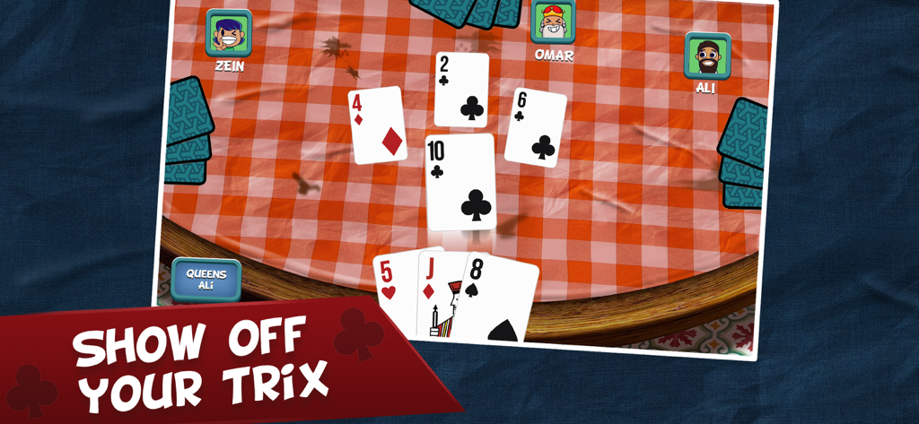 Trix:#1 Card Game Middle East - オレンジ色のチェック柄のテーブル上のプレイヤーのアバターとカードで、Trixカードゲームのゲームプレイを示すスクリーンショット