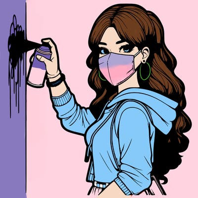 realistic girl with mask spray painting a wall