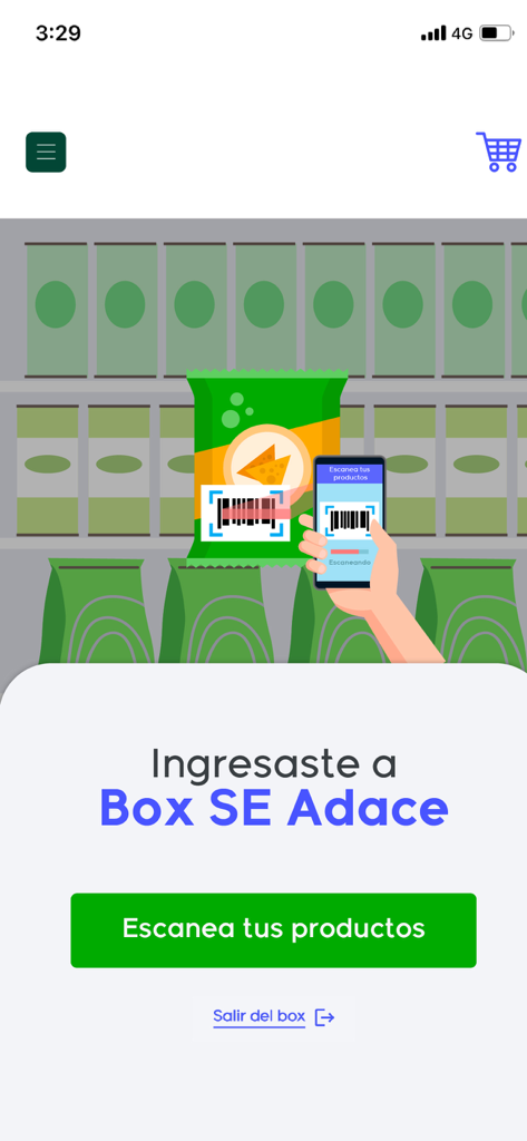 SuperEasy Box - SuperEasy Box app interface showing a prompt to scan products in a self-service store location.