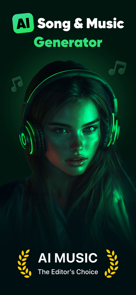 AI Song and Music Generator app splash screen with a woman wearing glowing green headphones