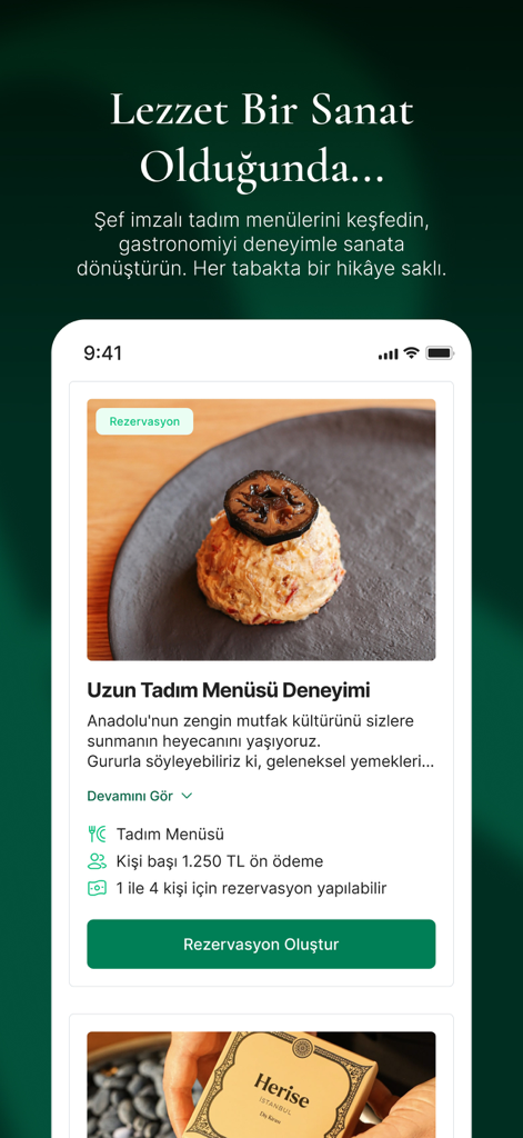 Rezervem - Rezervem app screen showcasing a luxury tasting menu reservation with a gourmet chef-signed dish.