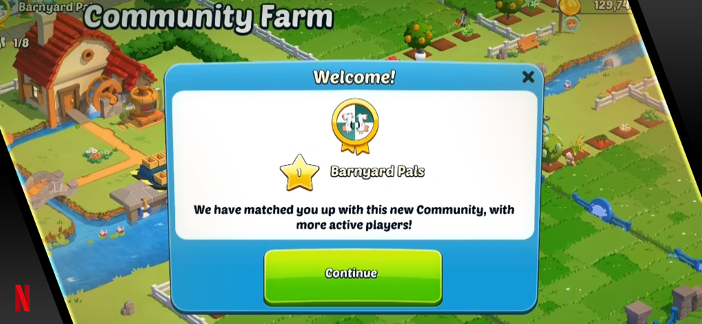 Country Friends - A welcome popup in the Country Friends mobile game announcing a match with a new community called Barnyard Pals.
