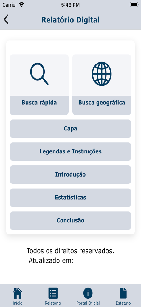 Menu principal do aplicativo CCB Relatorio Digital exibindo opções de busca e seções do relatório