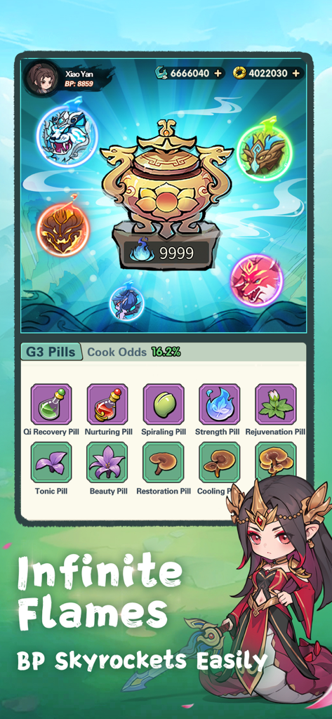 Battle Through the Heavens 2D - Pill refining interface in Battle Through the Heavens 2D showing a golden furnace and various cultivation pills like Qi Recovery and Nurturing pills.