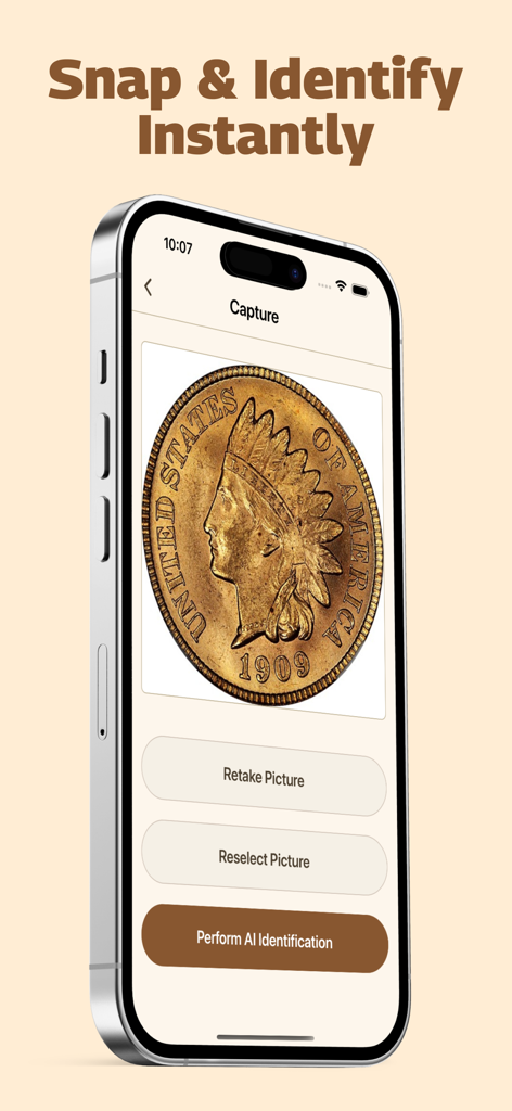 Rare Coin Identifier - Coin AI - Aplicación Identificador de Monedas Raras escaneando una moneda de oro de 1909 con cabeza de indio para identificación instantánea por IA