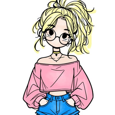 girl with a messy ponytail glasses a baggy crop top and jean shorts