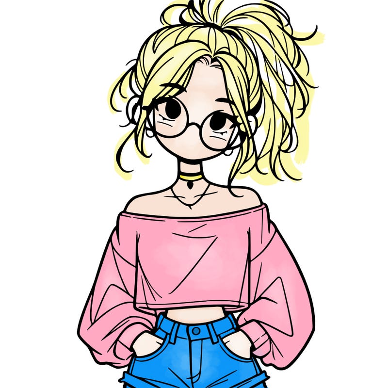 girl with a messy ponytail glasses a baggy crop top and jean shorts