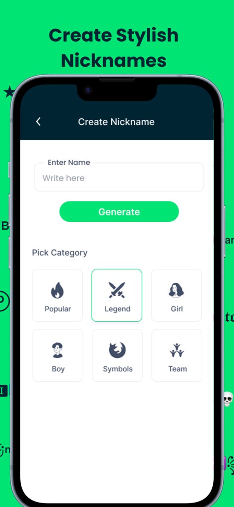 Nickname Generator For Gamers - Interface of the Nickname Generator for Gamers app showing the create nickname screen with name categories.