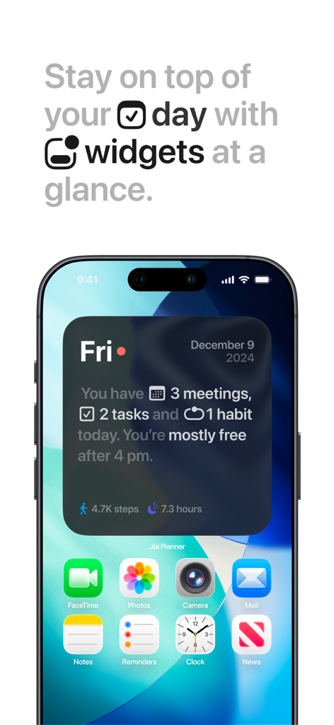 Joi: Daily Planner & Organizer - Una pantalla de inicio de iPhone con un widget de la aplicación Joi que muestra un resumen de las tareas, hábitos y reuniones diarias de un vistazo