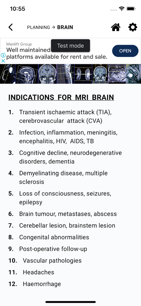 A list of twelve clinical indications for a brain MRI scan displayed within the MRI MASTER application