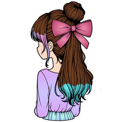realistic girl  with hip length hair a bun and a big bow on the back of head