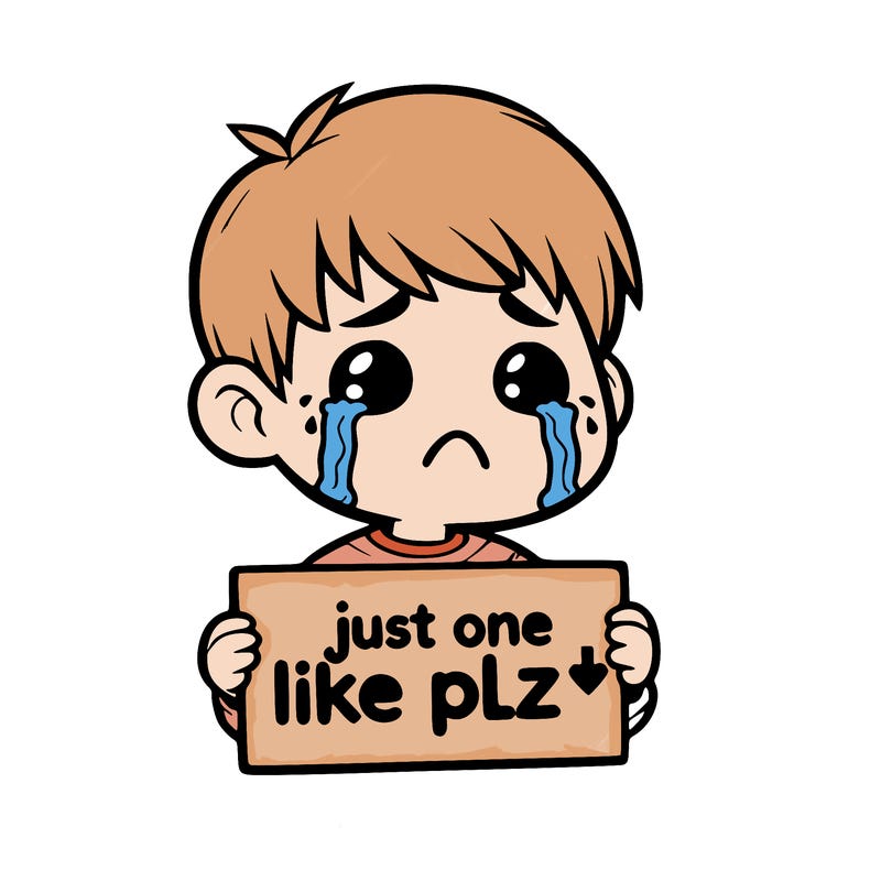 realistic crying boy with a sign saying just one like plz