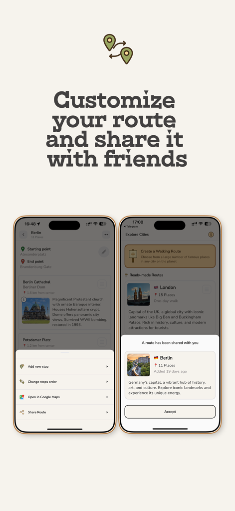 Walky: Walking Tours & Routes - Pantallas de la aplicación Walky que muestran opciones de personalización de rutas y una notificación de ruta compartida