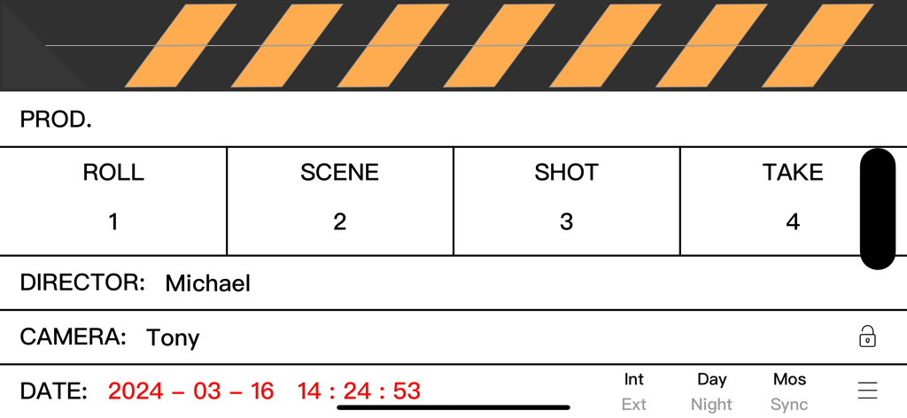 Interface of the eSlate digital clapperboard app showing production details like scene and take