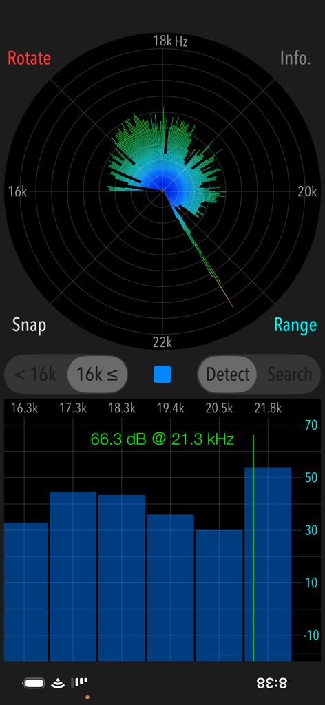 Mosquitone Detector app interface showing high frequency sound measurement at 21.3 kHz with a radar graph and bar chart.