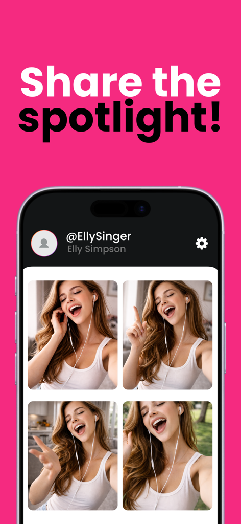 Karaoke One - Karaoke One app user profile screen displaying singing photos with the caption Share the spotlight