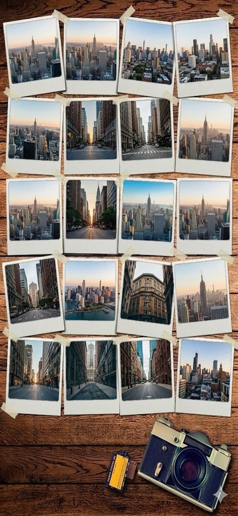 Photo Collage Maker – Picframe - A stylish grid of city skyline polaroid photos taped to a wooden background with a vintage camera.