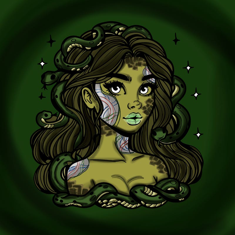 realistic girl with snakes as hair