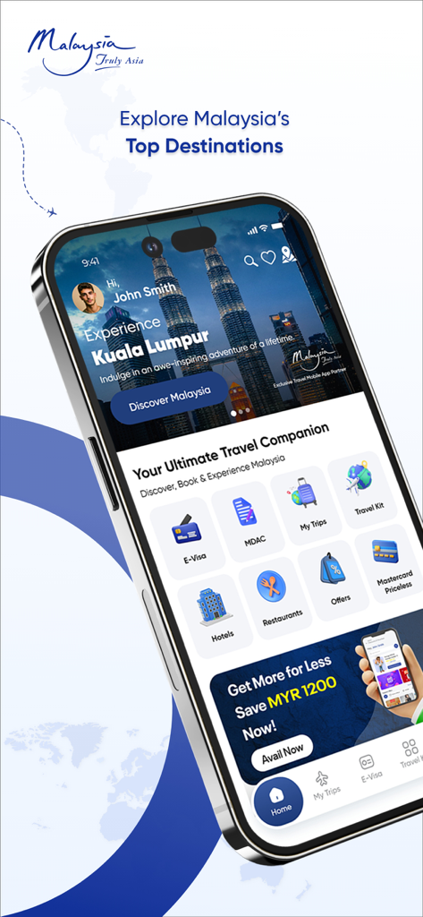 Malaysia Truly Asia - Home screen of the Malaysia Truly Asia travel app featuring utility icons for E-Visa, MDAC, and travel planning.