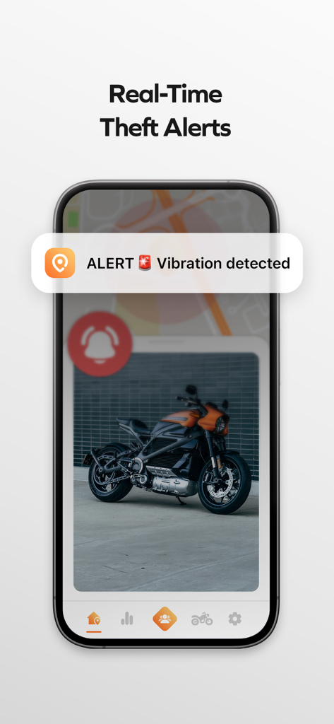 GeoRide - The Motorcycle App. - Uno smartphone che mostra una notifica di avviso di vibrazione in tempo reale di GeoRide per la prevenzione del furto di moto