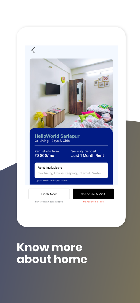 Hello World Homes - HelloWorld Homes app screen showing co-living room details for Sarjapur with pricing and booking options